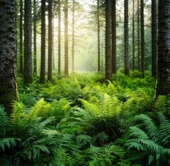 Naklejka premium Lush Green Ferns in Tranquil Forest with Soft Morning Light