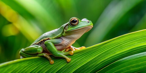 Fototapeta premium Vibrant Green Frog on Lush Leaf – Stock Photo of Amphibian in Nature