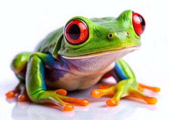 Fototapeta premium Vibrant Green Frog with Red Eyes - Isolated on White Background - High-Resolution Stock Photo