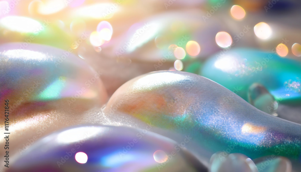 Poster a close-up view of iridescent bubbles reflecting light, creating a mesmerizing pattern of colors and