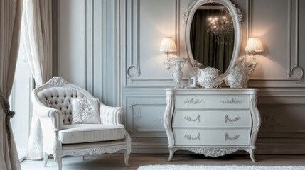a white chair and a white dresser in a room