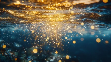 Shimmering gold glitter particles floating underwater with de-focused festive lights, creating an elegant and magical holiday background