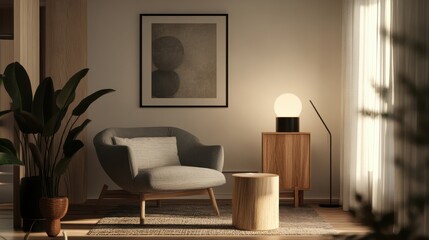 a living room with a chair and a lamp