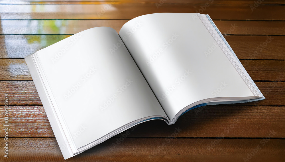 Poster an open blank book rests on a wooden surface, inviting creativity and ideas to be written within its
