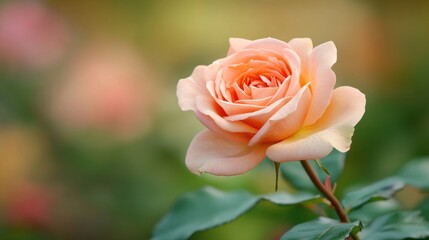 A delicate peach rose blooms gracefully against a soft, blurred background.