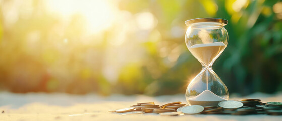 Financial planning with hourglass and coins symbolizes time management and wealth growth, evoking sense of urgency and opportunity