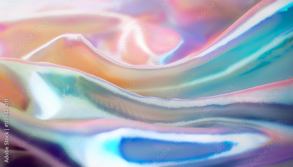 Poster a close-up of iridescent fabric displaying soft, wavy patterns in pastel hues, creating a smooth and