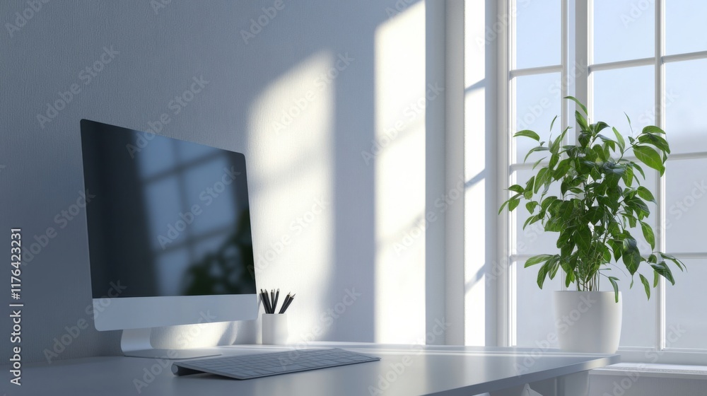 Poster a computer monitor sitting on top of a desk
