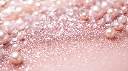 Soft pastel pink backdrop featuring shimmering glitter and delicate pearl accents, perfect for a luxurious design with copy space
