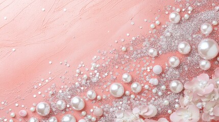 Soft pastel pink backdrop featuring shimmering glitter and delicate pearl accents, perfect for a luxurious design with copy space