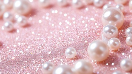 Soft pastel pink backdrop featuring shimmering glitter highlights and scattered pearls, ideal for a feminine design with copy space