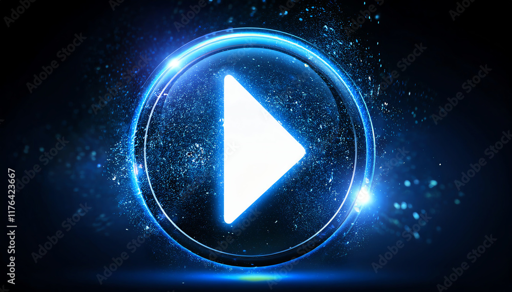 Poster a glowing blue play button enclosed in a circular frame, surrounded by a sparkling effect on a dark 