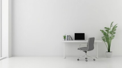 a white desk with a laptop and a plant