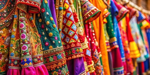 Fototapeta premium Vibrant Indian Clothing Hanging on Rack - Macro Detail of Fabrics