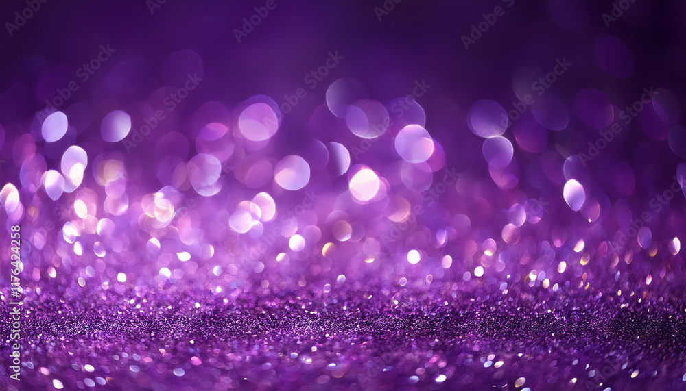 Poster a shimmering purple background filled with sparkling lights and bokeh effects, creating a magical an