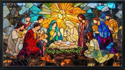 Fototapeta premium Stained glass artwork featuring the Nativity, with brilliant colors, intricate details, and festive Christmas decor enhancing its charm