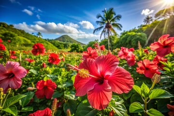 Vibrant Jamaican Hibiscus Flowers in Lush Tropical Landscape