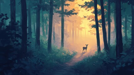 Serene Forest Path with a Deer Tucked in Ethereal Landscape
