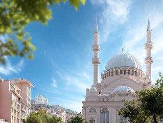 Fototapeta premium Stunning Wide Shot Photo: Serene Mosque Gleaming Under a Bright Mediterranean Sky. AI Generated