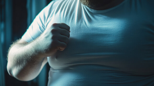 close up of obese man clenched fist resting on his torso, showcasing texture of fabric and contrast of light and shadow. image evokes sense of strength and determination