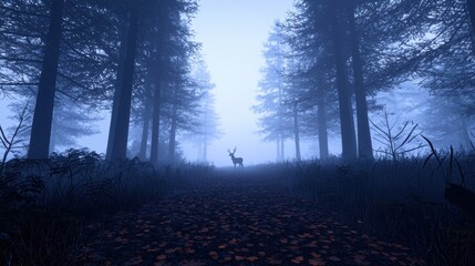 Fototapeta premium Mystical Forest Scene with Mist and Deer Silhouette at Dawn