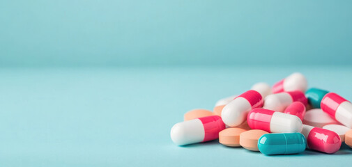 Colorful capsules and tablets scattered on blue background, representing medication and health