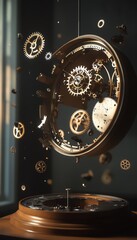 Abstract clock mechanism with floating gears and parts in dim lighting.