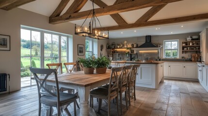 Fototapeta premium a kitchen with a table and chairs and a window