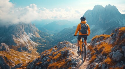 Mountain biker ascends rocky peak, scenic view.