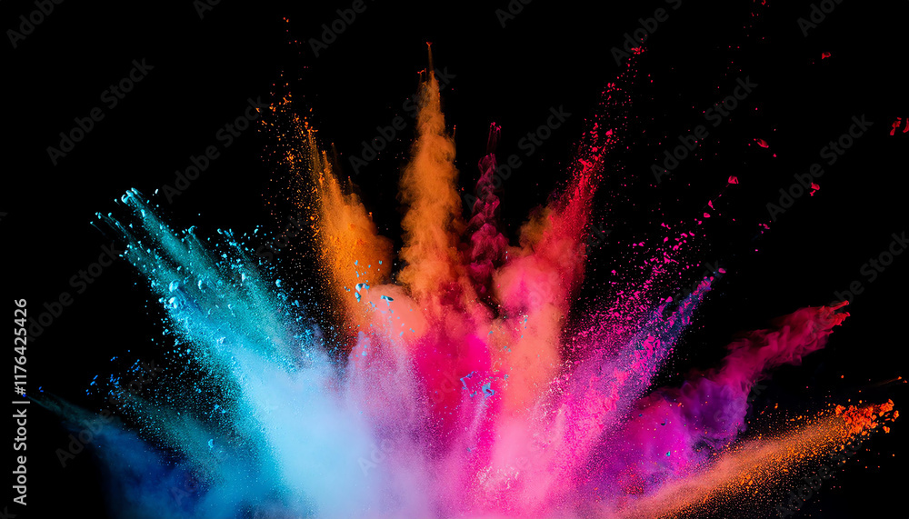 Poster a vibrant explosion of colorful powder against a black background, creating a dynamic and artistic v