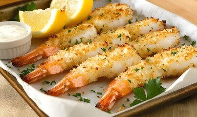 Perfectly grilled golden breaded shrimp arranged on a parchment lined baking tray. Generative AI 
