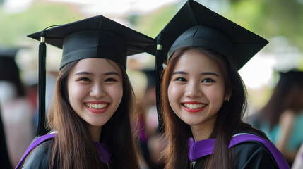Graduation day celebration with two smiling female graduates in black caps and gowns, showcasing joy and achievement
