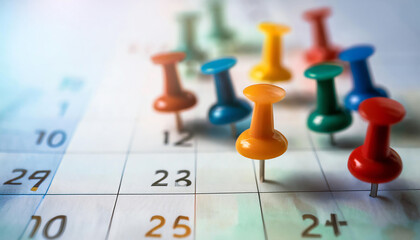 A close-up of colorful push pins on a calendar, highlighting important dates and reminders for effective organization and planning.