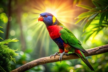 Naklejka premium Vibrant Lory Bird in Lush Rainforest – Copy Space for Text