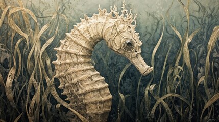 A detailed illustration of a seahorse amidst underwater vegetation.