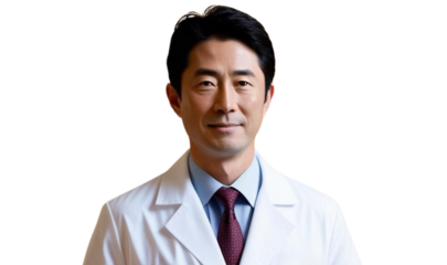 Japanese man, wearing suit, tie, white lab coat, medical professional, 50-60 years old.