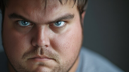 Obraz premium Intense close up of young man with striking blue eyes and serious expression, showcasing his facial features and emotions