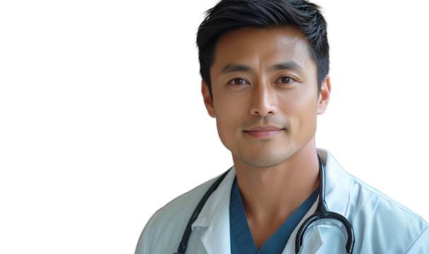 Japanese male doctor, wearing stethoscope, white lab coat, blue scrubs, 30-40 years old.