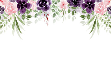 Watercolor floral seamless border frame on white background.