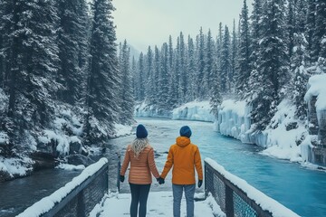 A couple in sporty winter outfits pausing on a snowy bridge to admire the icy river and scenic forest views.