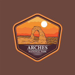 National park ARCHES vector design, sunset retro badge graphic