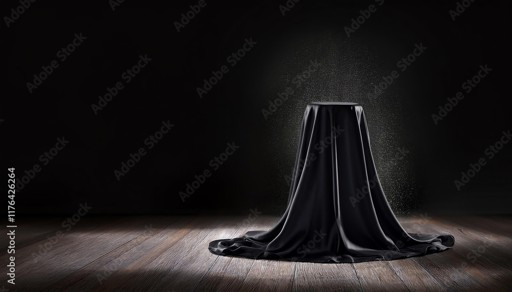 Poster a mysterious black draped object on a dimly lit wooden floor, creating an enigmatic atmosphere with 