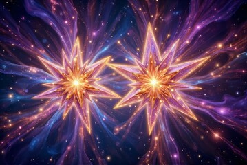 Fototapeta premium Two glowing star-like shapes radiating colorful light in a vibrant cosmic background