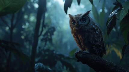 A detailed owl perched on a branch in a misty forest, showcasing its striking features.