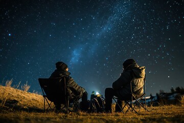 A couple in winter gear, sitting in camping chairs under the magical glow of the Northern Lights in the Icelandic night sky.