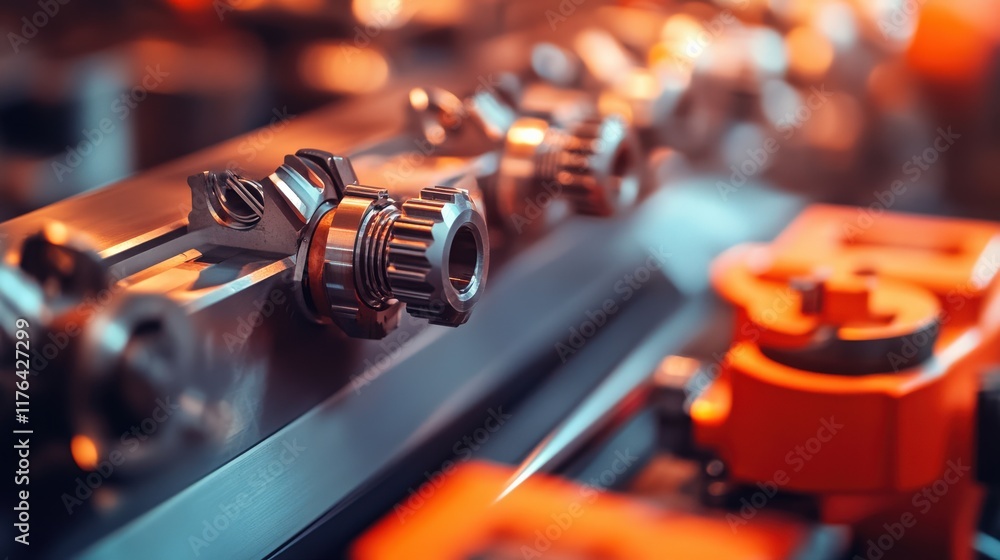 Poster close-up of precision mechanical components on a machinery assembly line showcasing intricate detail