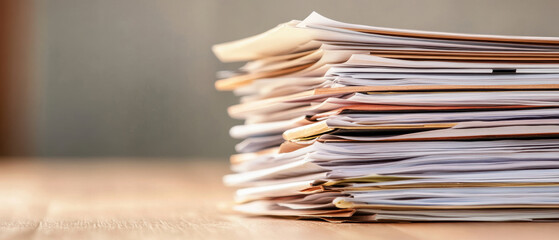 Stack of reviewed documents on wooden table, showcasing organization and diligence