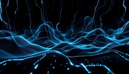 Naklejka premium Abstract Digital Landscape: Glowing Blue Waves and Particles in Cyberspace