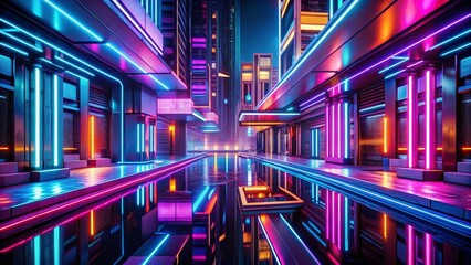 Vibrant Neon Channel Interior: Futuristic Cityscape Stock Photo