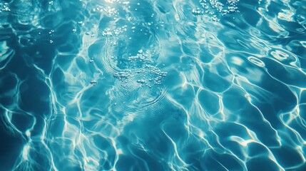 Fototapeta premium Transparent blue water surface with ripples, splashes, and bubbles, creating an abstract summer banner with sunlight reflections and copy space for design